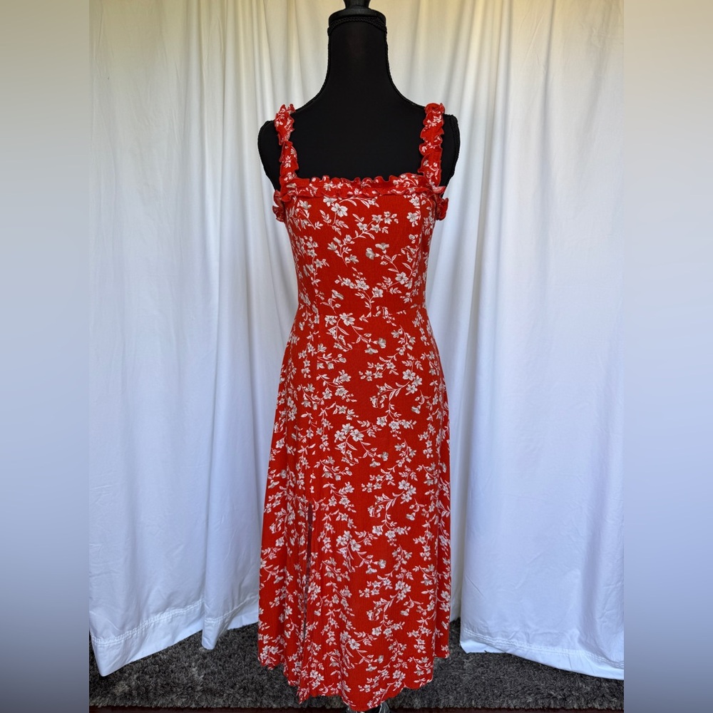 Lulu's Burnt Red and White Floral Midi Dress